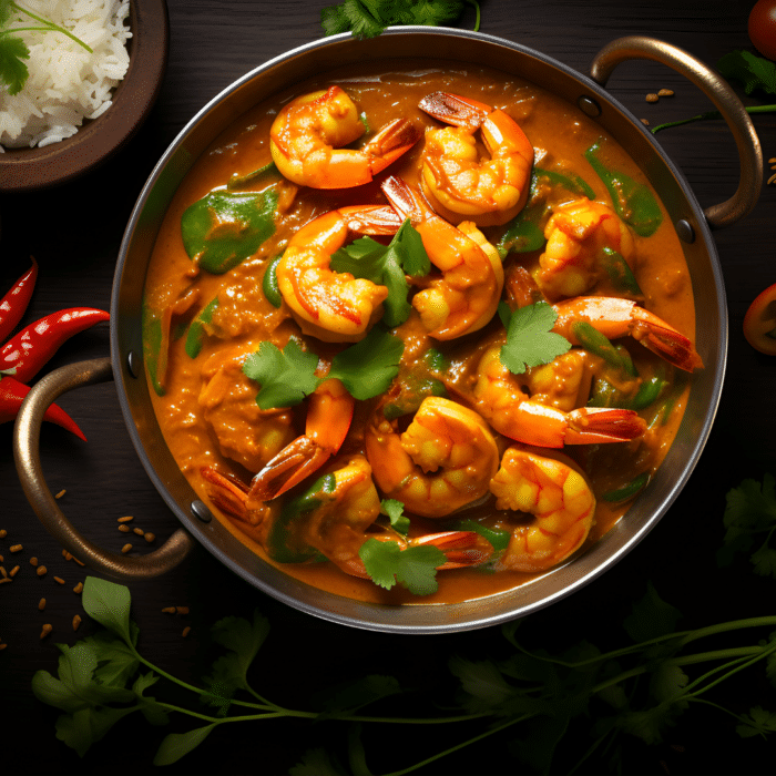 Gamberi cucinati in salsa al curry, piatto esotico e aromatico, ideale per una cena speziata e saporita.
